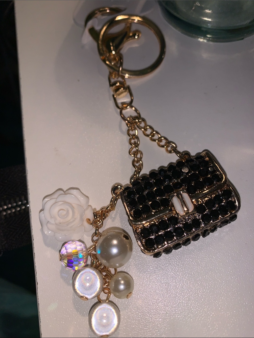 Crystal Purse/bag charm Keychain with White Flower & Pearls